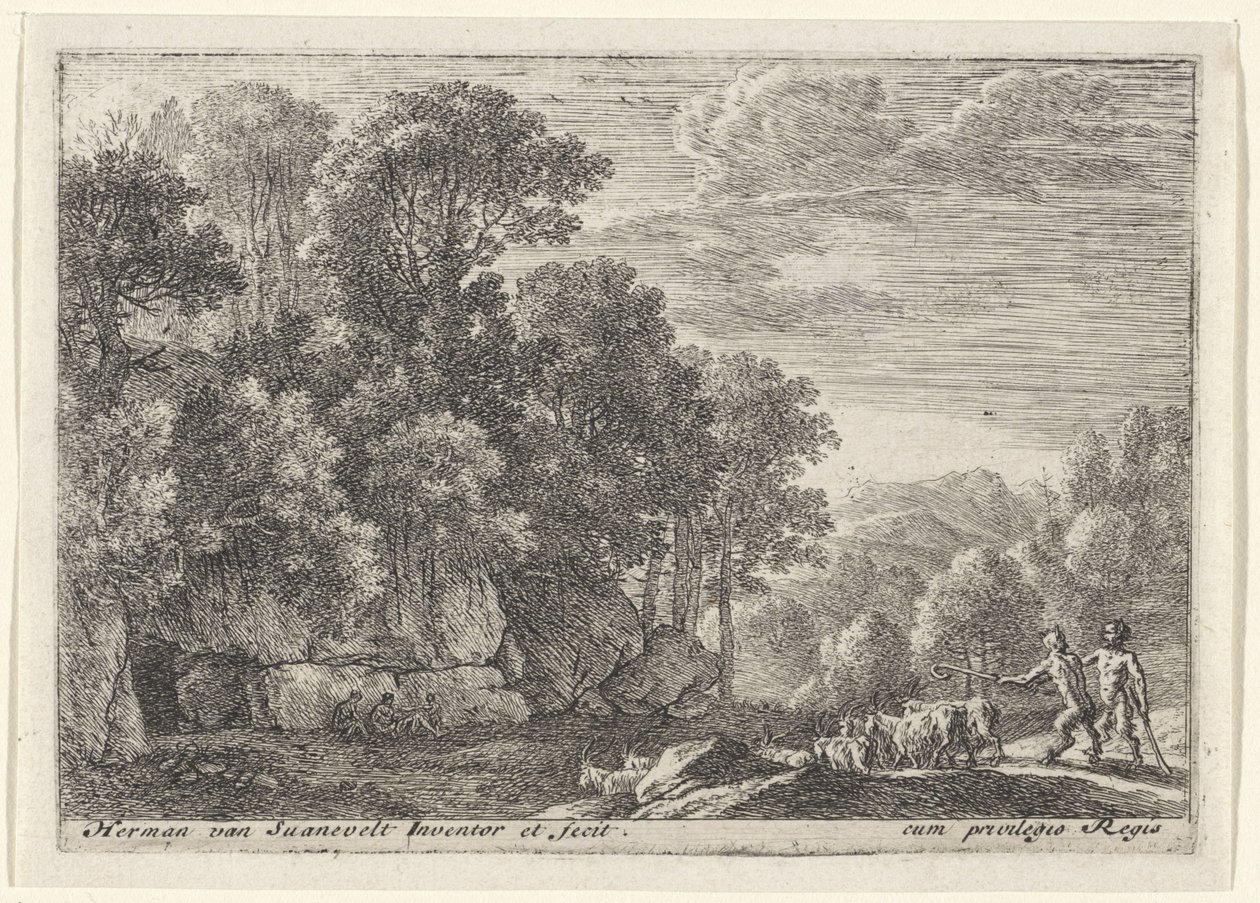 Två satyrer med en flock getter Landscapes with Satyrs (serietitel) av Herman van Swanevelt