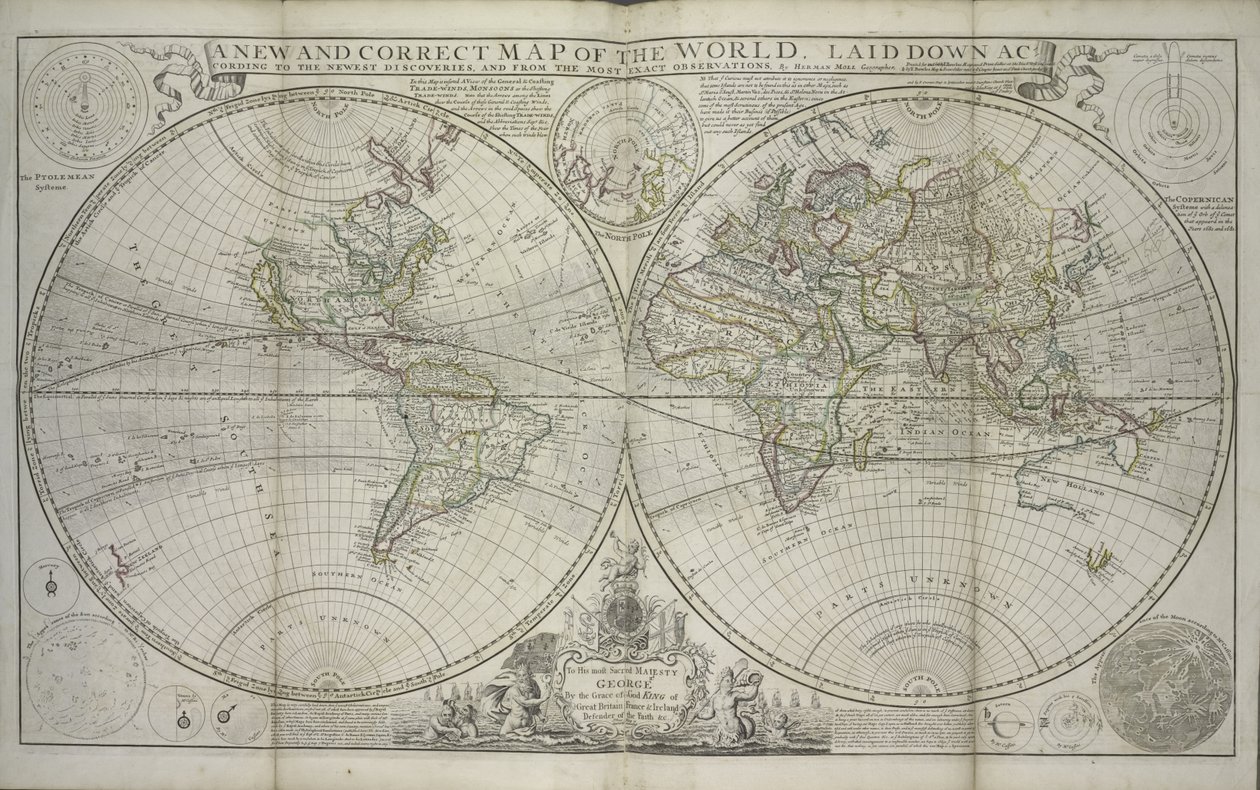En ny och korrekt karta över världen fastställd enligt de senaste upptäckterna och från de mest exakta observationerna, 1736 (handfärgat tryck) av Hermann Moll
