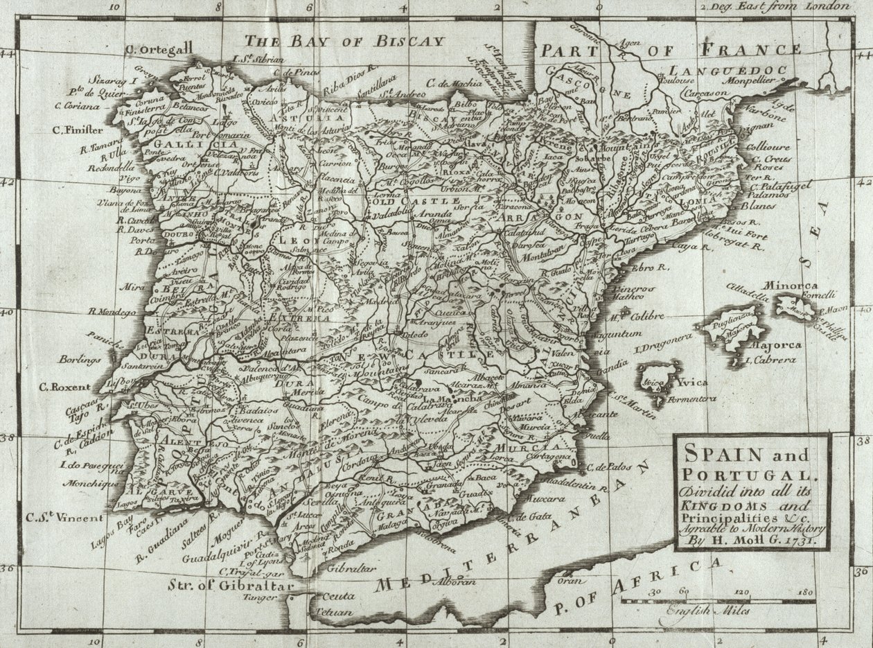 Karta över Spanien och Portugal, 1731 av Hermann Moll