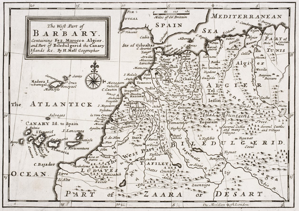 Karta över den västra delen av Barbary, ca 1720 av Hermann Moll