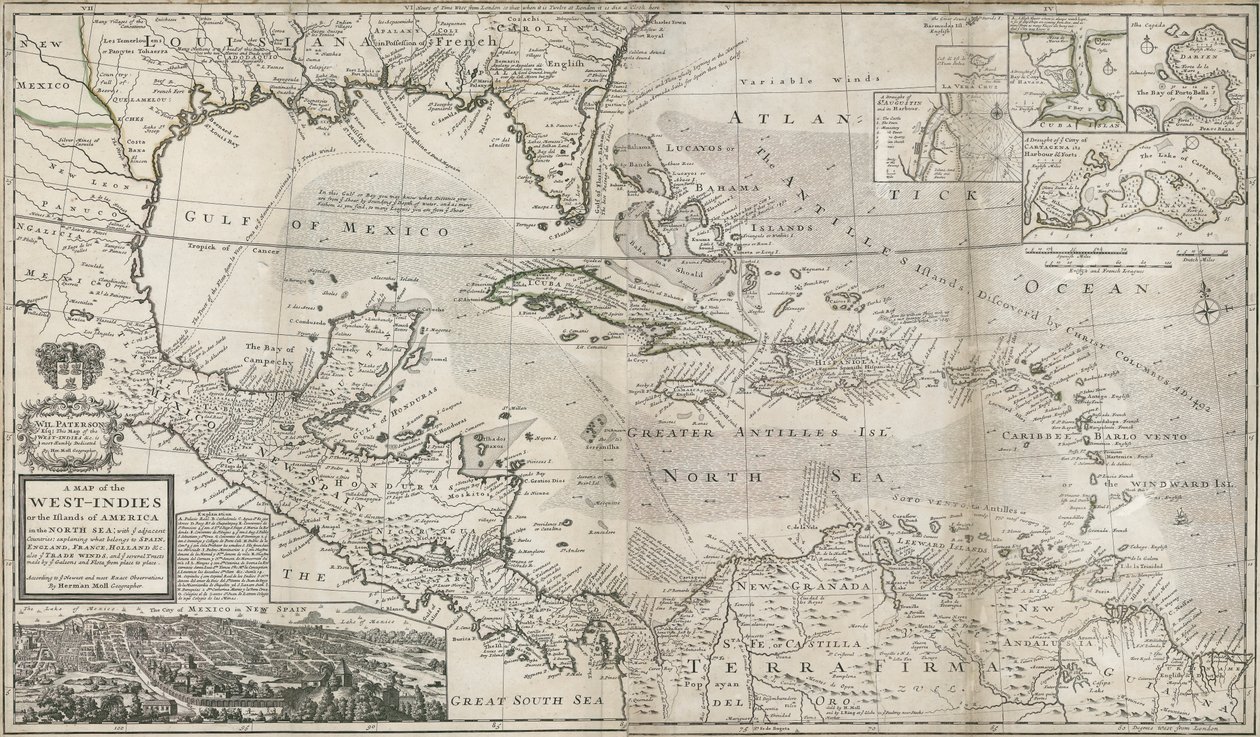 Karta över Karibien, 1715 (handkolorerad gravyr) av Hermann Moll