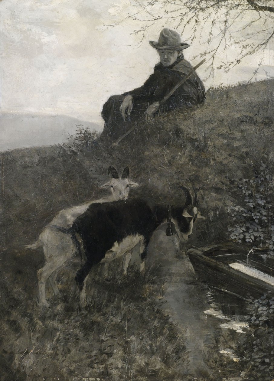 Ziegenhirte mit Tieren an einer Tränke av Hermann Pleuer