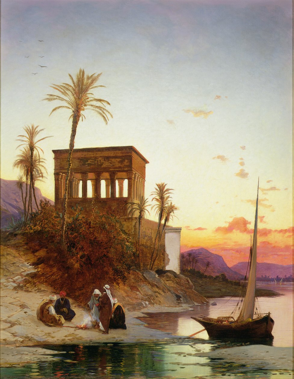 Lägereld vid floden, Trajanus kiosk, ca 1880 av Hermann David Salomon Corrodi