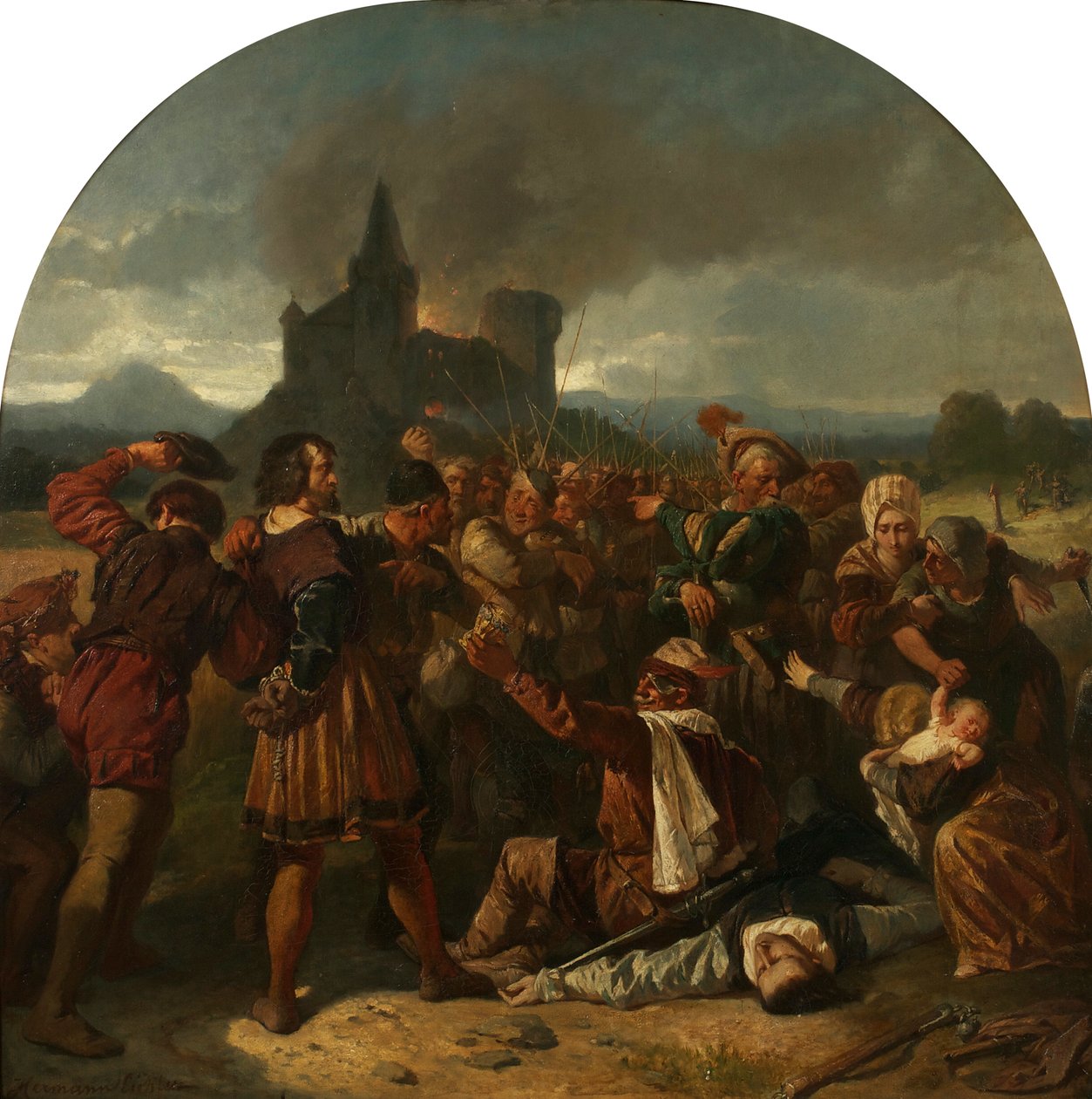 Avsnitt från det tyska bondekriget Mordet på greve Helfenstein nära Weinsberg, ca 1867. av Hermann Eichler