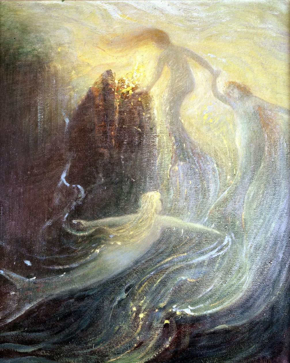 Utspelad för operan "Les filles du Rhine" av Richard Wagner, skapad 1869: målning av Herman Hendrich. Wagner Museum Bayreuth. av Hermann Hendrich