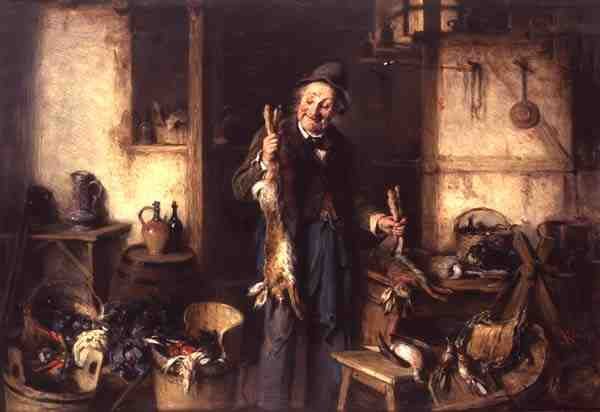 Köksinredning med en man som håller en hare (olja på panel) av Hermann Kern