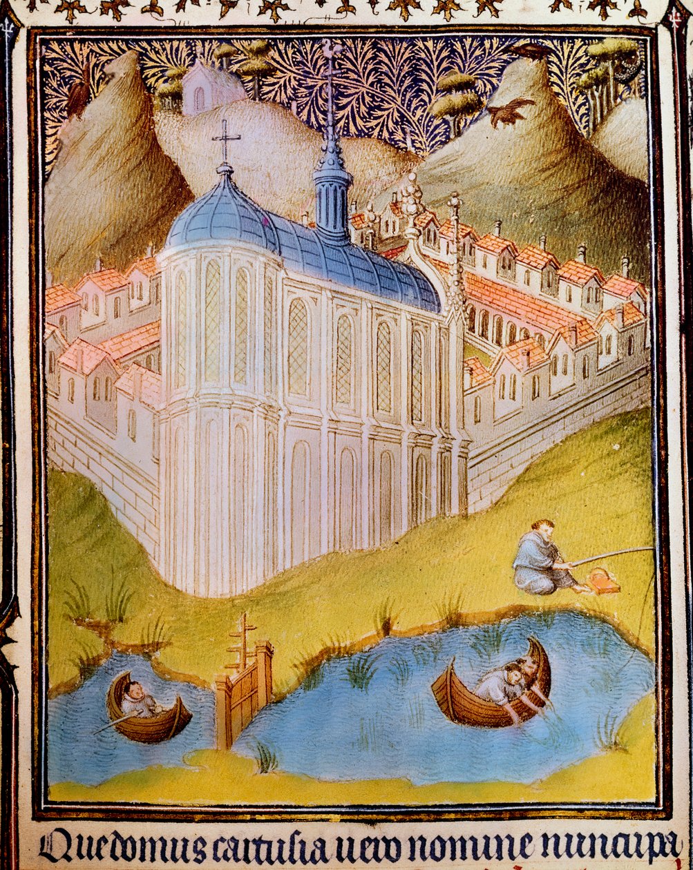 Kartusiska munkar som nätar och krokar fisk i fiskdammar vid Chartreuse, Frankrike, 1400-talet av Hermann Limbourg