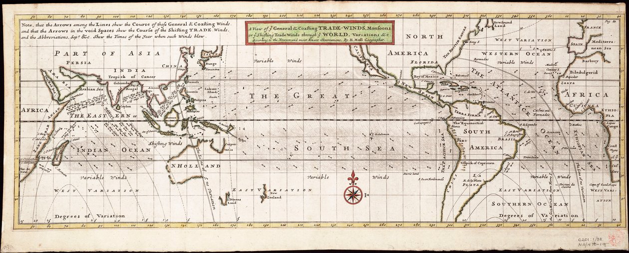 En vy över de allmänna och kustnära passadvindarna, monsuner eller de skiftande passadvindarna genom världen, variationer ... enligt de nyaste och mest exakta observationerna, ca 1715 (kolorerad gravyr) av Hermann Moll