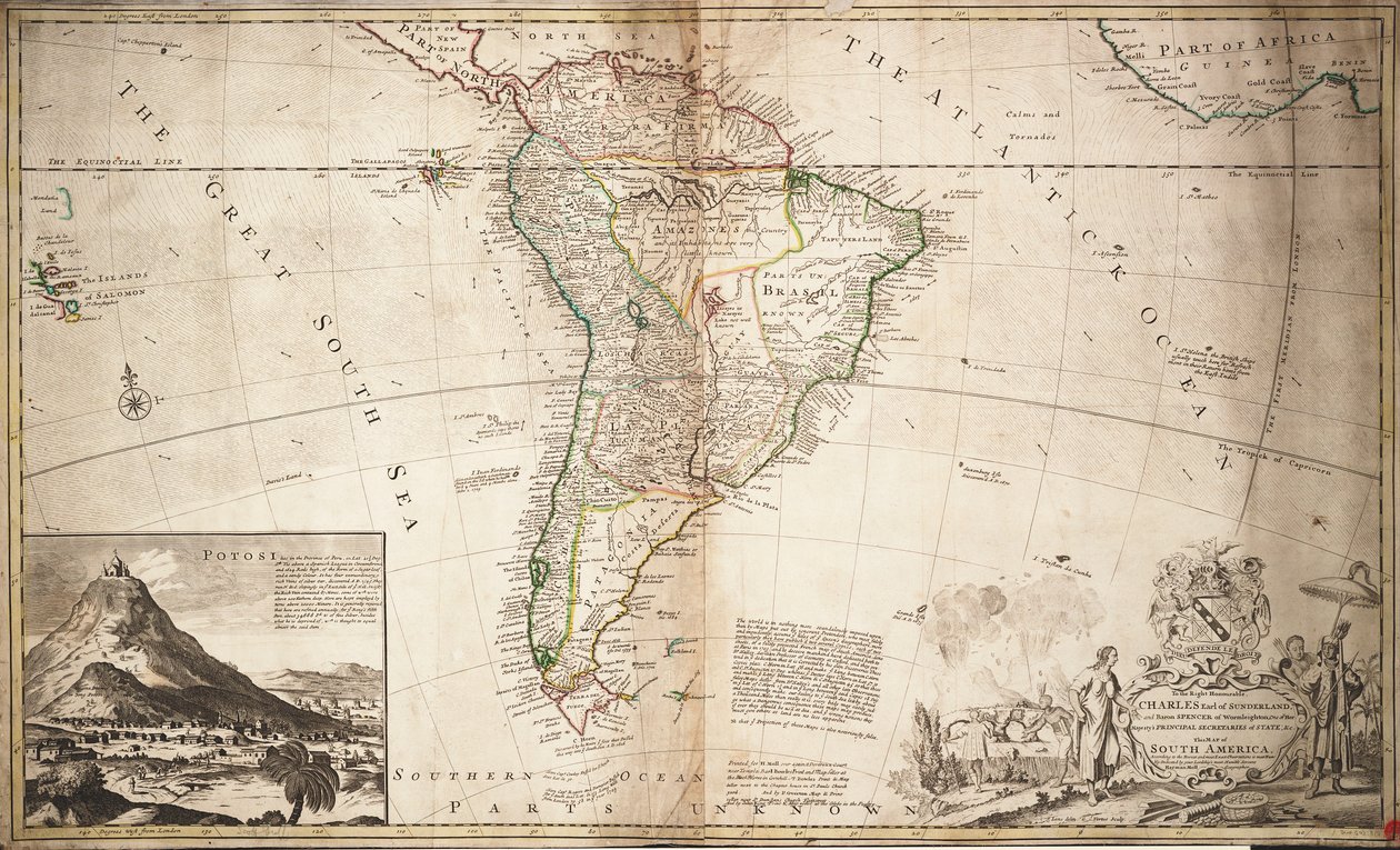 Karta över Sydamerika, ca 1715 (kolorerad gravyr) av Hermann Moll