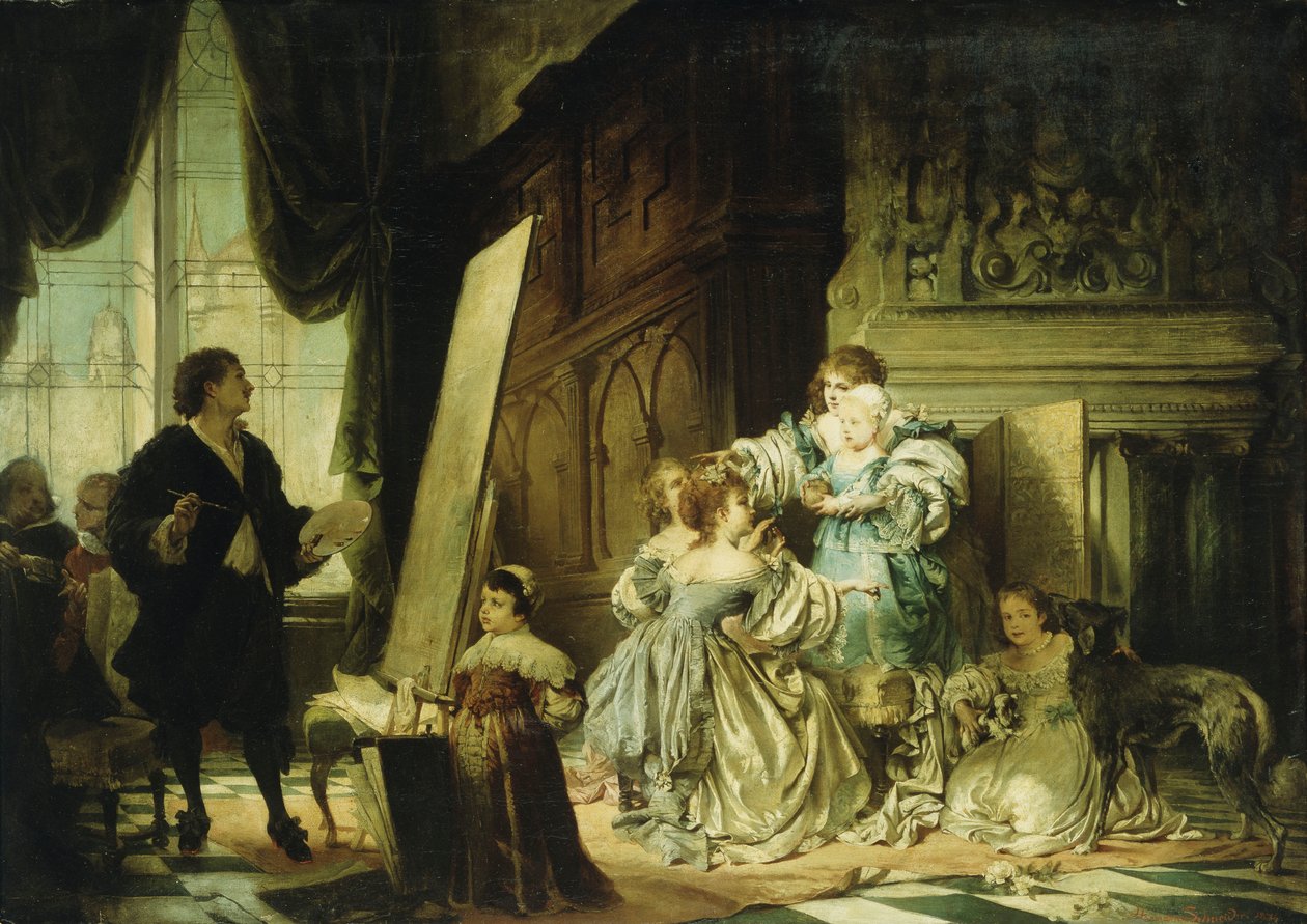 Van Dyck i sin studio målar ett porträtt av Charles, Prince of Wales, Son of Charles I, 1876 av Hermann Schneider