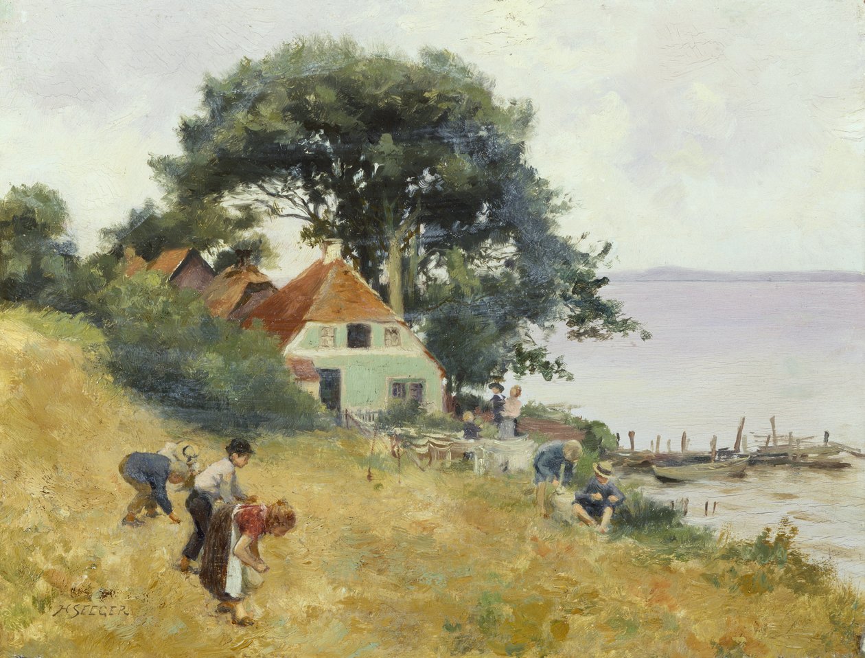 Barn som plockar vid en sjö, ca 1900-10 (olja på panel) av Hermann Seeger