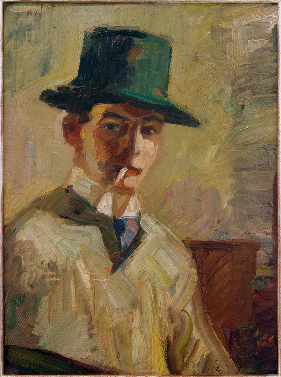 Självporträtt med hög hatt och cigarett av Hermann Stenner