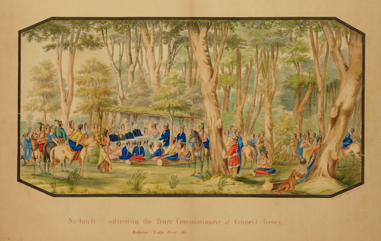 Sa-tan-ti tilltalar fredskommissionärerna i Council Grove, Medicine Lodge Creek, 1867. av Hermann Stieffel