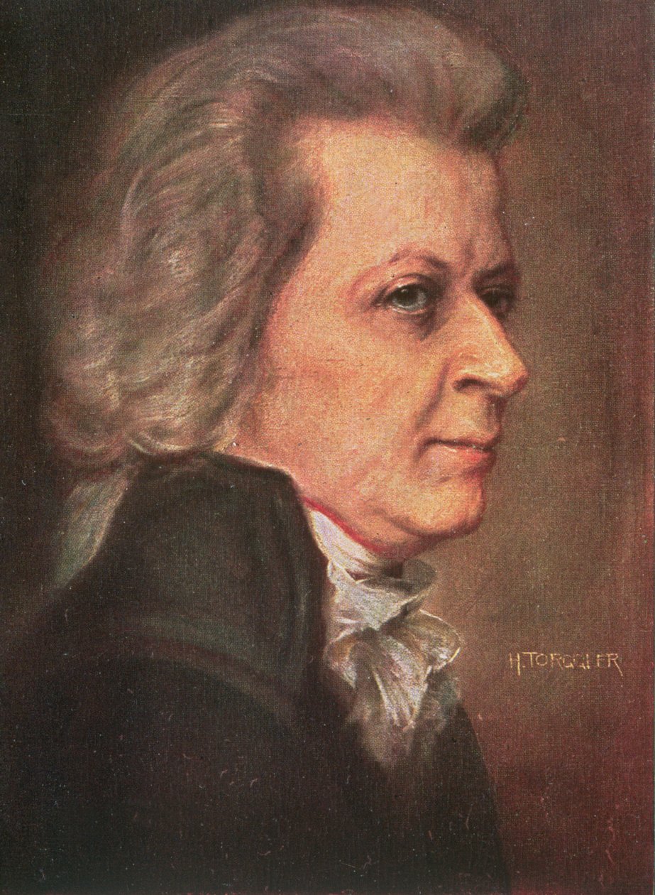 Wolfgang Amadeus Mozart (1756-91) pub. 1904 (lito i färg) av Hermann Torggler