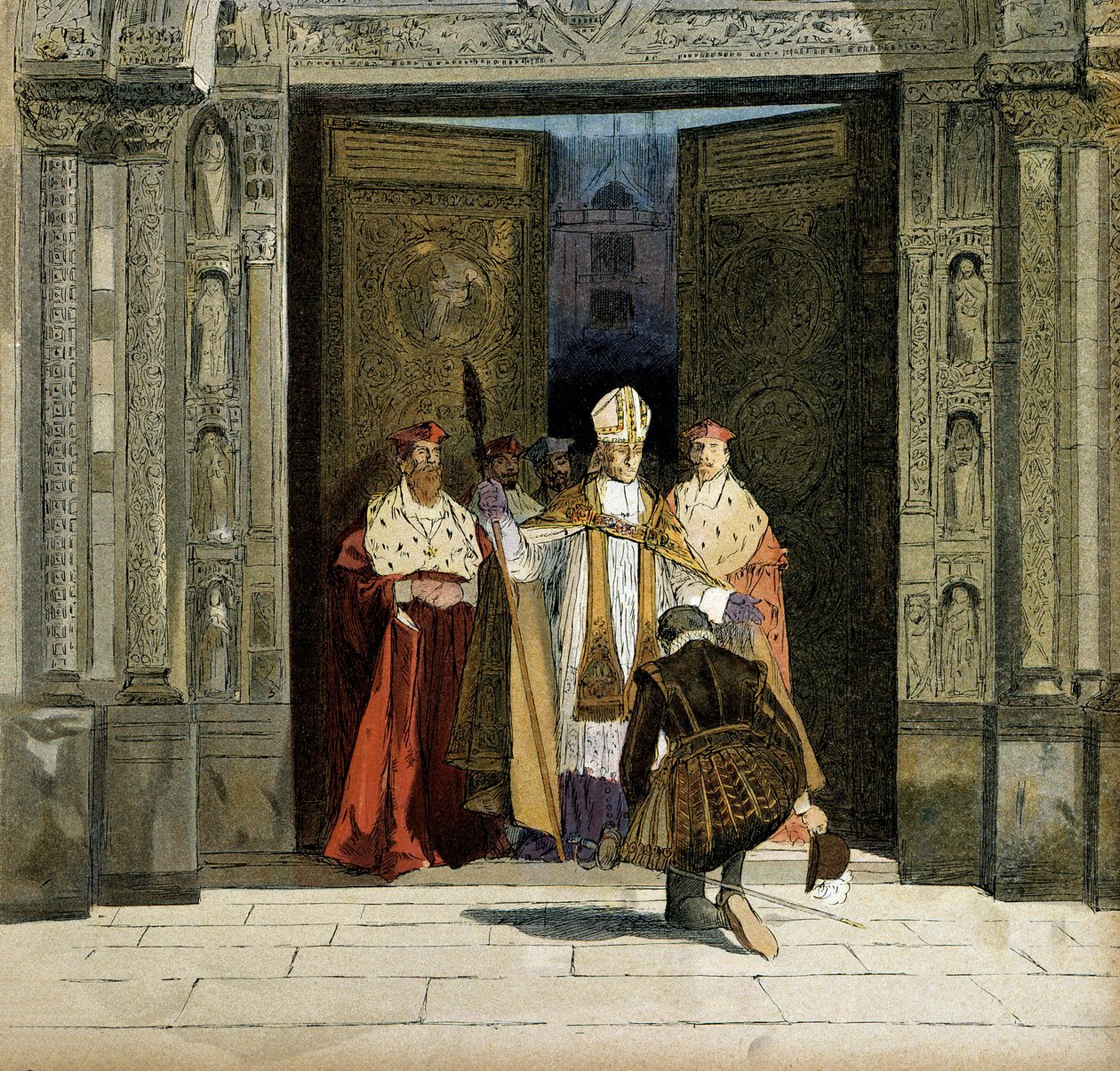 Abjuration av Henrik IV (1553-1610) i klostret Saint Denis i närvaro av bågen av Bourges, Renaud de Beaune (1527-1606). Kungen avböjde protestantismen den 25 juli 1593. Illustration av Hermann Vogel (1856-1918) i "" Henri IV"" av Hermann Vogel