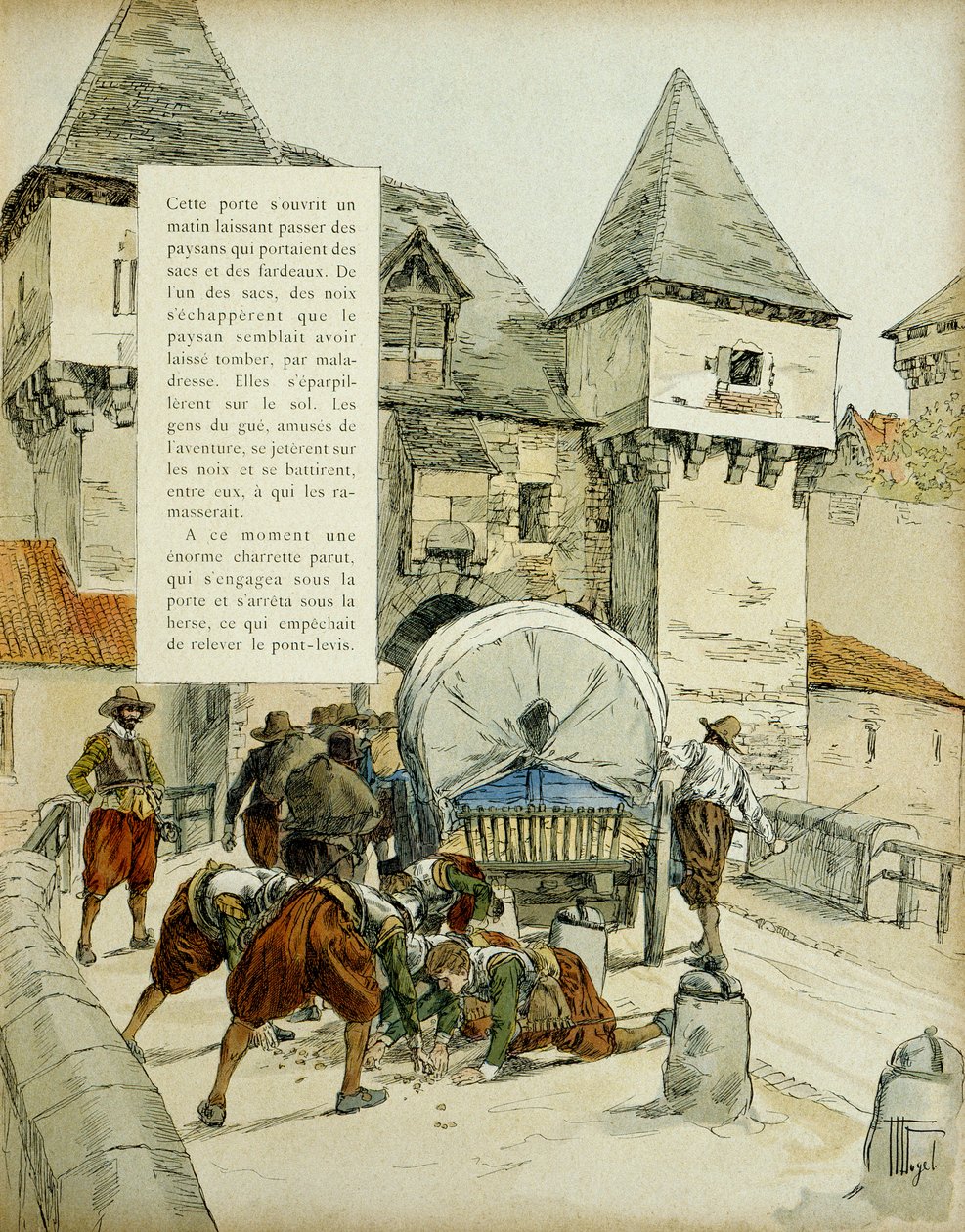 Amiens överraskning. Spanjorerna använde ett knep för att ta staden Amiens den 11 mars 1597 genom att blockera harven med en vagn. Illustration, 1907, av Hermann Vogel av Hermann Vogel