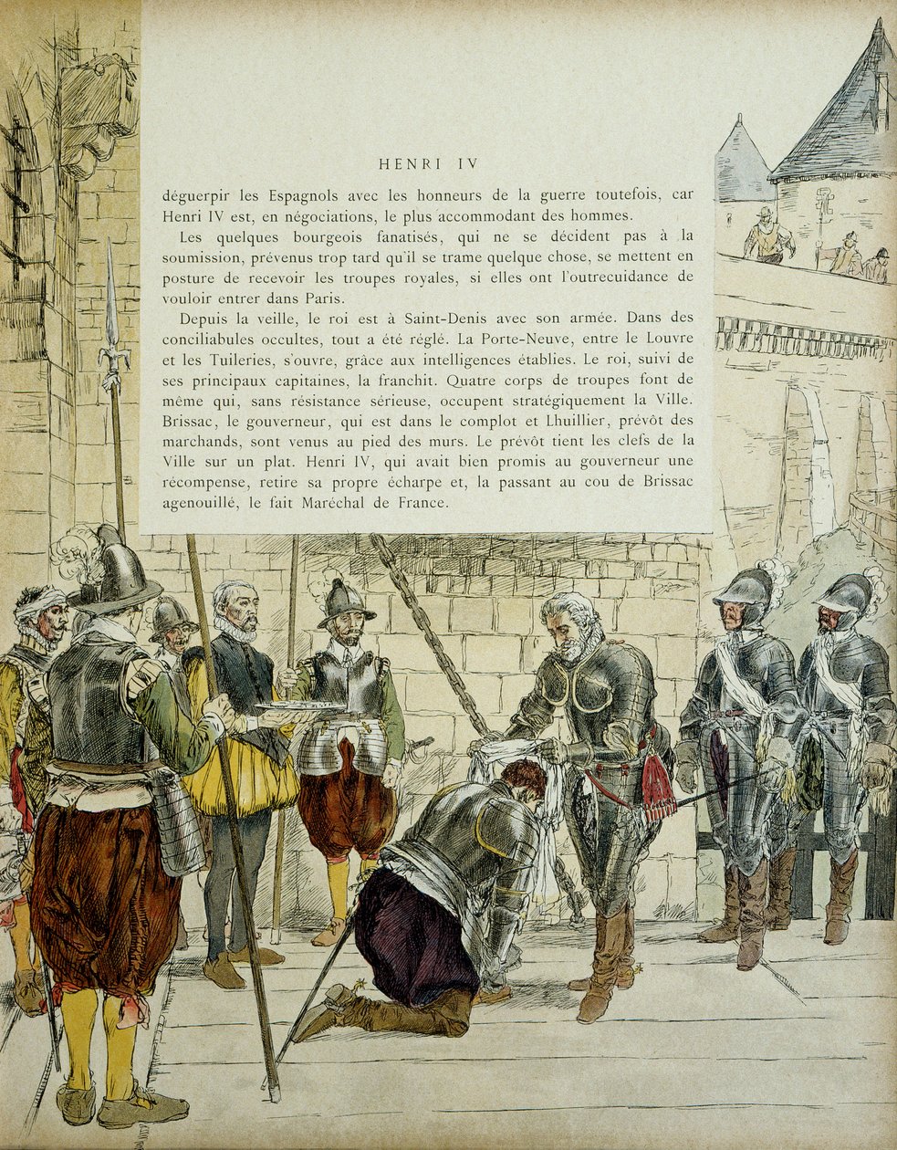 Charles II av Cosse Brissac (Cosse-Brissac) (1562-1621 eller 1626) gjorde marechal av Frankrike av Henri IV (1553-1610) innan han reste in i Paris den 22 mars 1594. Prevot av köpmän Jean Lhuillier (?) som stod bredvid rymmer stadens nycklar. Illustration 1 av Hermann Vogel
