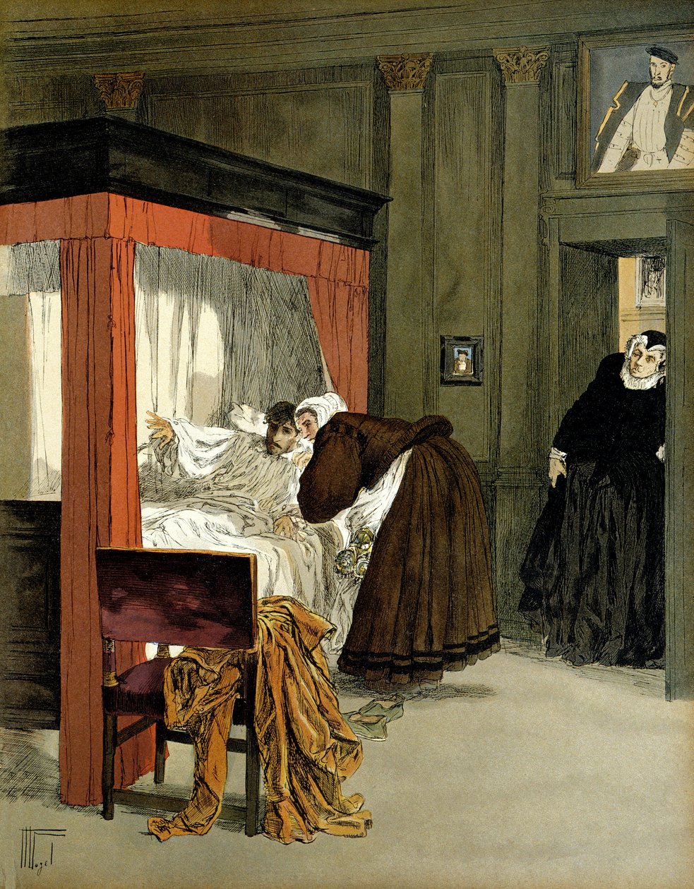 Karl IX (1550-1574), kung av Frankrike, dör med sin sjuksköterska. Illustration av Hermann Vogel (1856-1918) i "" Henri IV"" av Hermann Vogel