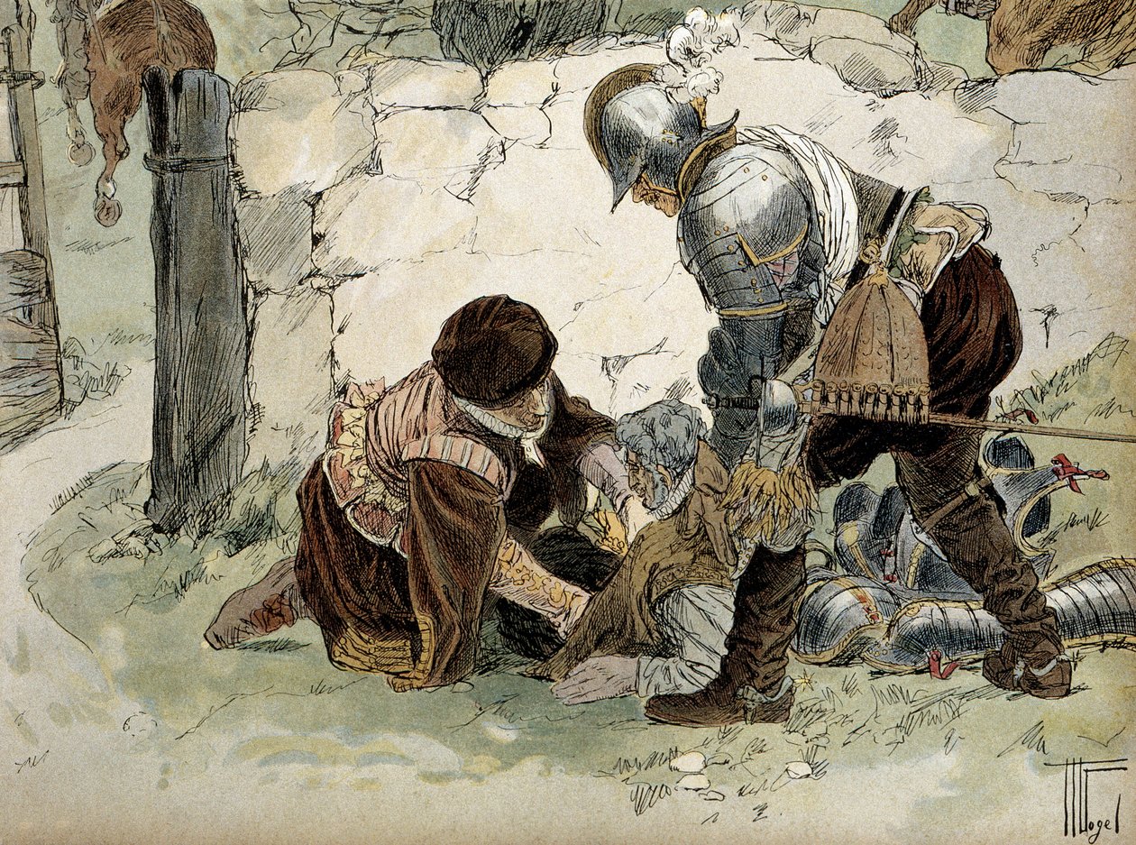 Henri IV (1553-1610) skadad under en spaning vid Aumale mot Mayennes armé. Illustration av Hermann Vogel (1856-1918) i "" Henri IV"" av Hermann Vogel