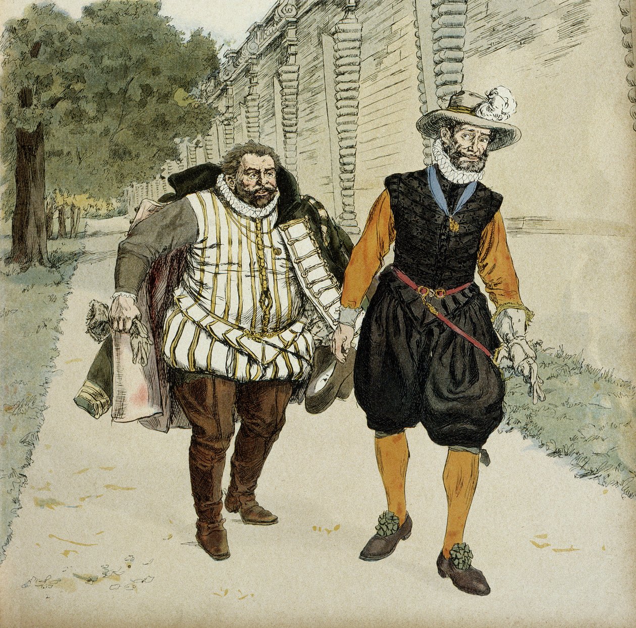 Henrik IV (1553-1610) och Charles de Lorraine, hertig av Mayenne (1554-1611). Första försonande intervjun mellan de två fienderna, Mayenne, ledaren för legueurs och kungen, i trädgårdarna på Chateau de Montceaux, i Brie, 1596. Illustration. av Hermann Vogel