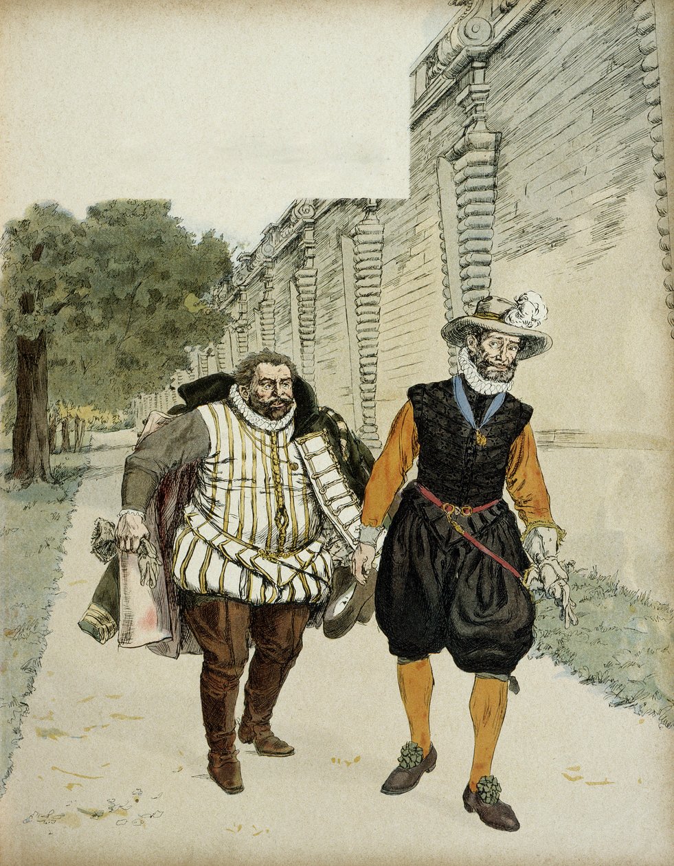 Henrik IV (1553-1610) och Charles de Lorraine, hertig av Mayenne (1554-1611). Första försonande intervjun mellan de två fienderna, Mayenne, ledaren för legueurs och kungen, i trädgårdarna på Chateau de Montceaux, i Brie, 1596. Illustration. av Hermann Vogel