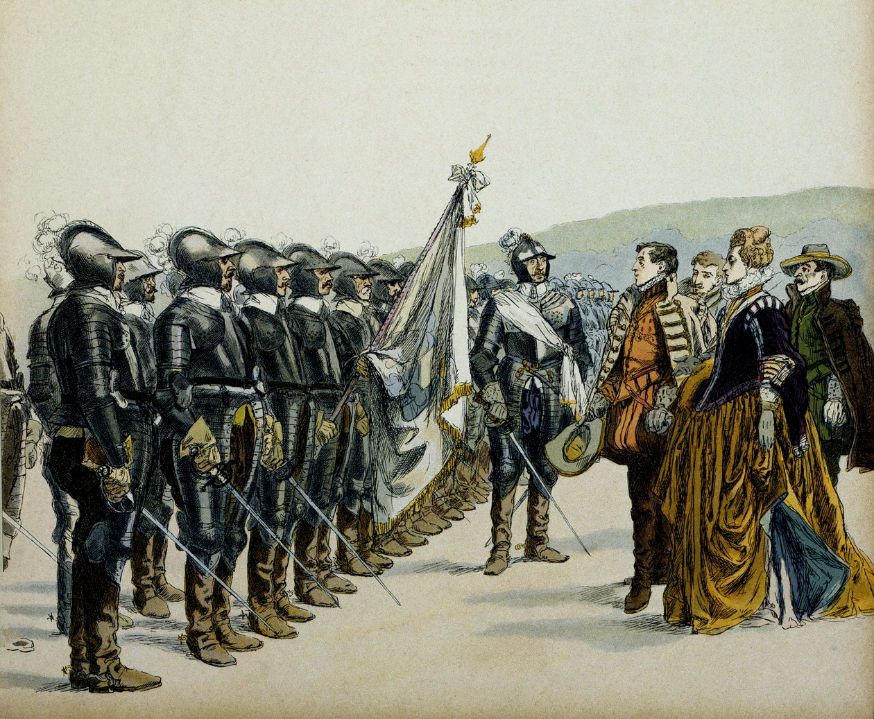 Jeanne av Albret eller Jeanne III av Albret (1528-1572) och hennes son Henrik IV (1553-1610) före sina protestantiska trupper. Illustration av Hermann Vogel (1856-1918) i "" Henri IV"" av Hermann Vogel