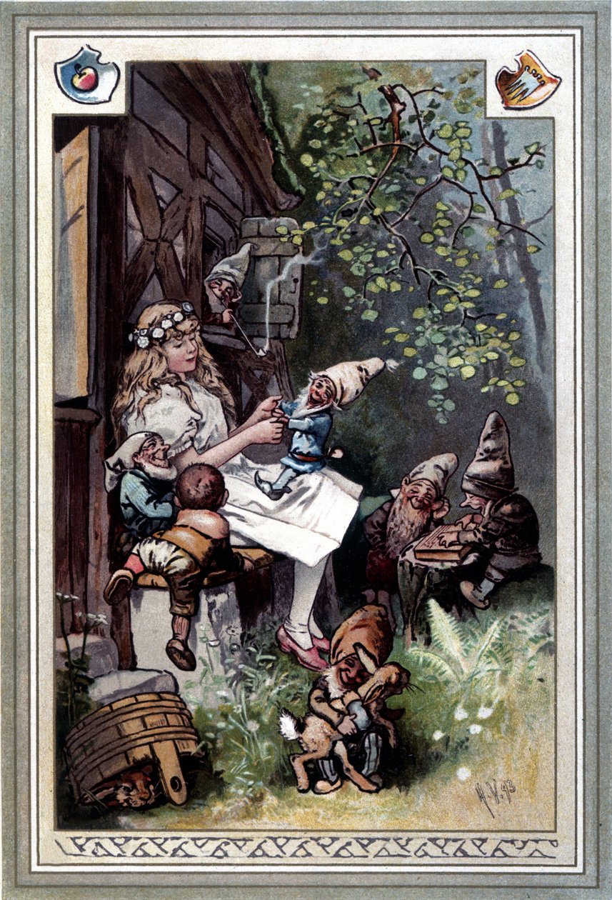 Kinder und hausmarchen (Berättelse om barndom och hem) (1812): bröderna Grimms fabler. Omslag av Hermann Vogel 1894 föreställande Snövit och de sju dvärgarna. av Hermann Vogel