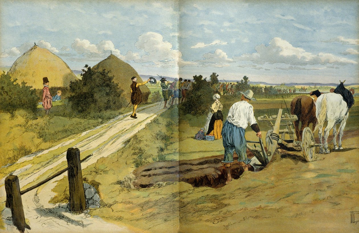 Bönder såg passagen av plundrare och plundrare som fångats av Henrik IV:s kungliga armé (1553-1610). Illustration av Hermann Vogel