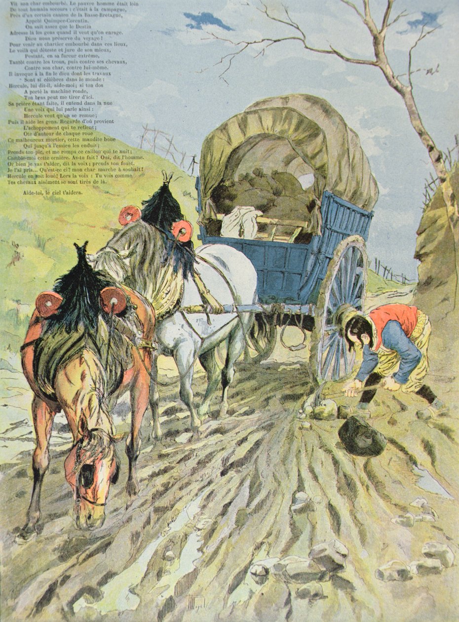 Vagnen fast i leran, från Fables av Jean de La Fontaine (1621-95) 1888 (färgstick) av Hermann Vogel