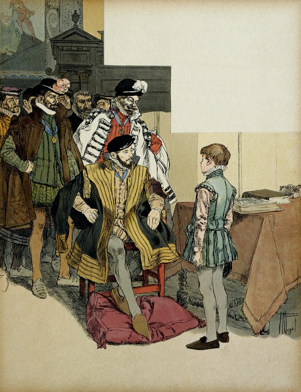 Kungen av Frankrike Henri II (1519-1559) omgiven av sina herrar gillar att ifrågasätta Henrik IV (1553-1610) som ett barn för sina repliker. Illustration av Hermann Vogel (1856-1918) i "" Henri IV"" av Hermann Vogel