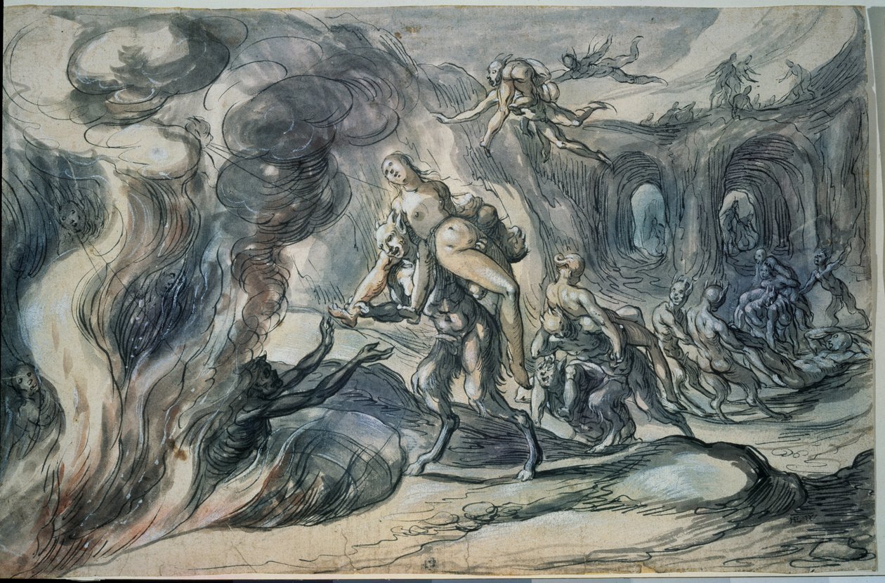 Eurydike i underjorden (Eurydike i helvetet). Målning av Hermann Weyer (1596-cirka 1621). Akvarell och tusch på papper, 20,9 x 32,2 cm av Hermann Weyer