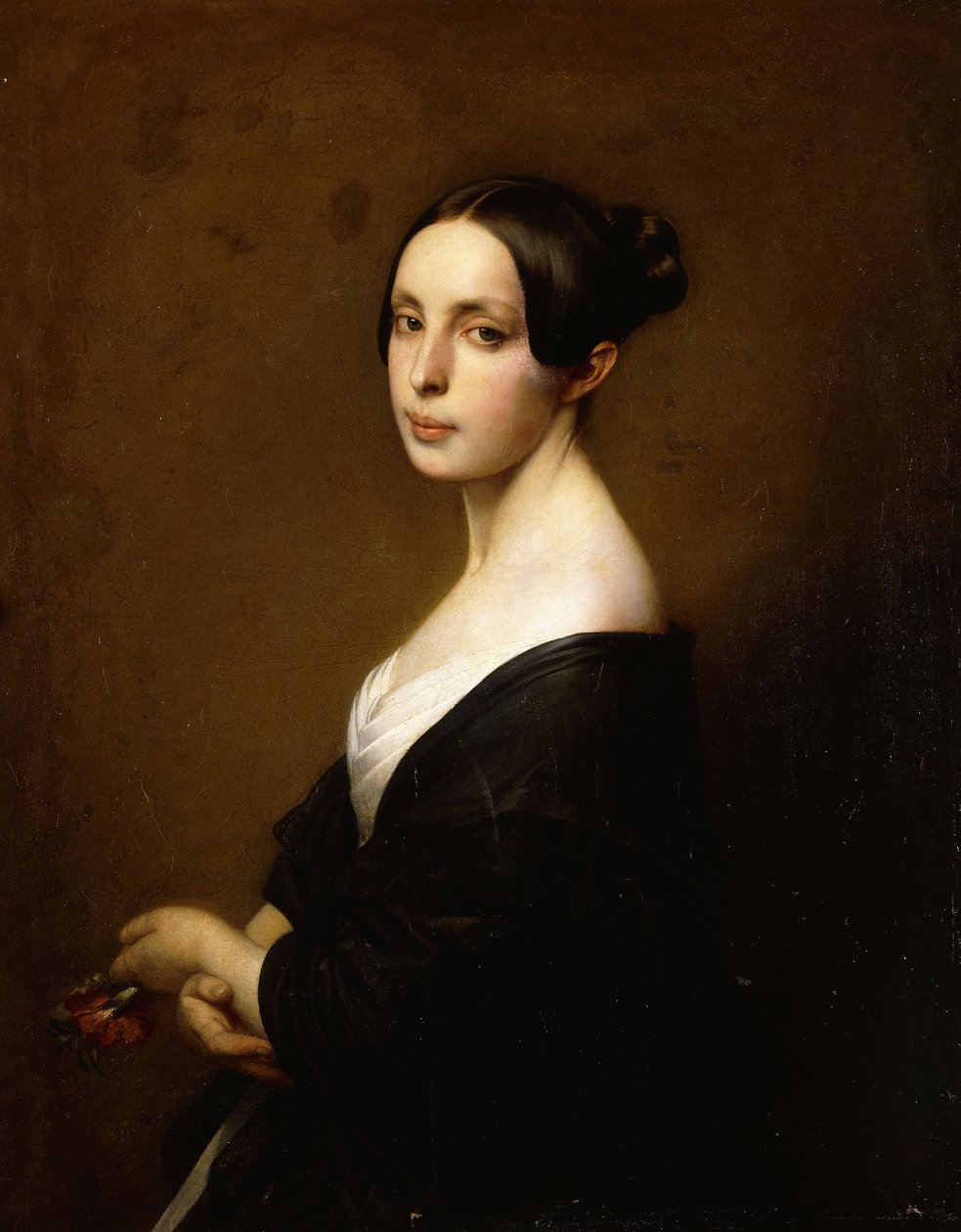 Porträtt av en dam, halvlång iklädd en svart klänning och håller en nejlika, av Hermann Winterhalter