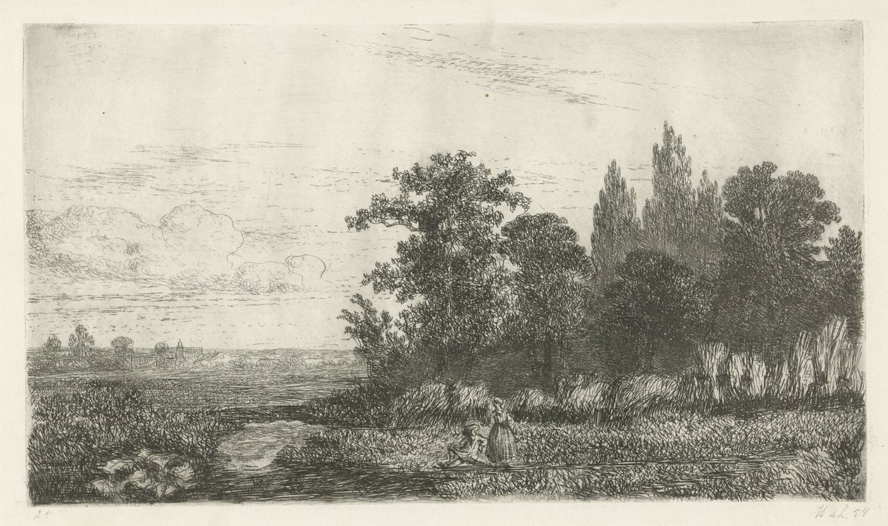 Man och kvinna vid en bäck i kanten av skogen av Hermanus Jan Hendrik van Rijkelijkhuysen
