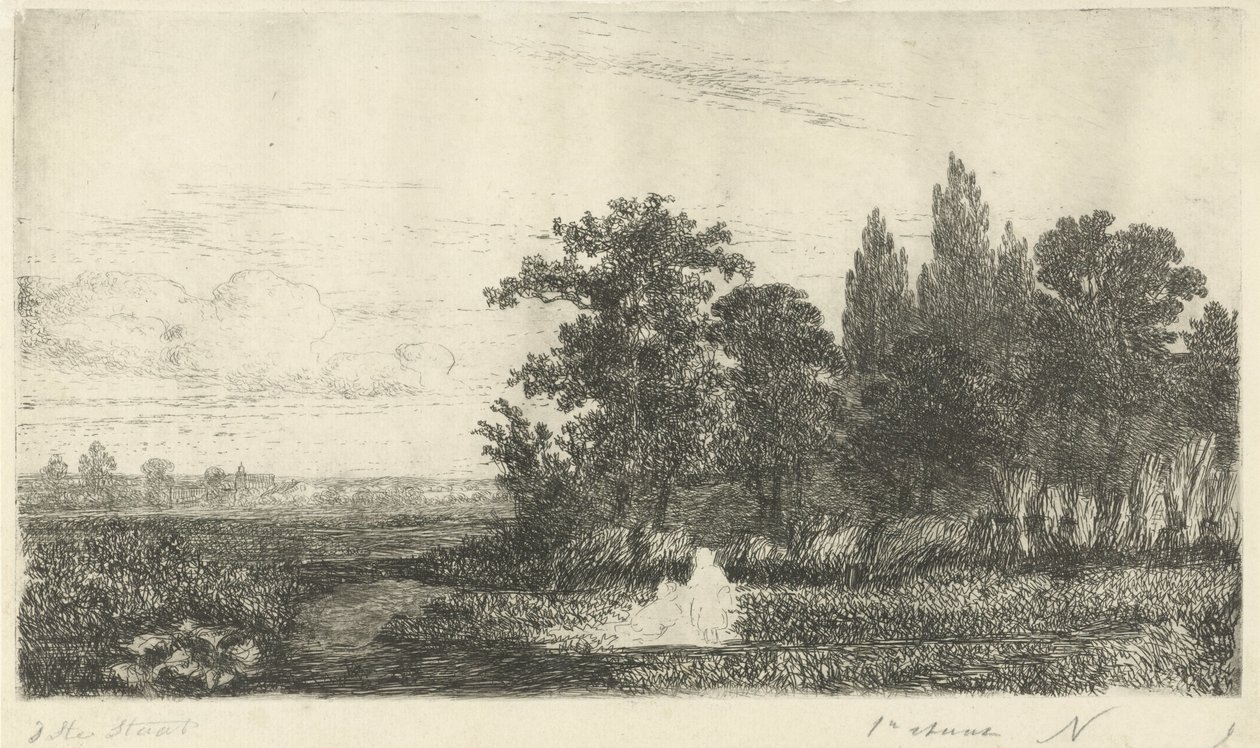 Man och kvinna vid en bäck i kanten av skogen av Hermanus Jan Hendrik van Rijkelijkhuysen