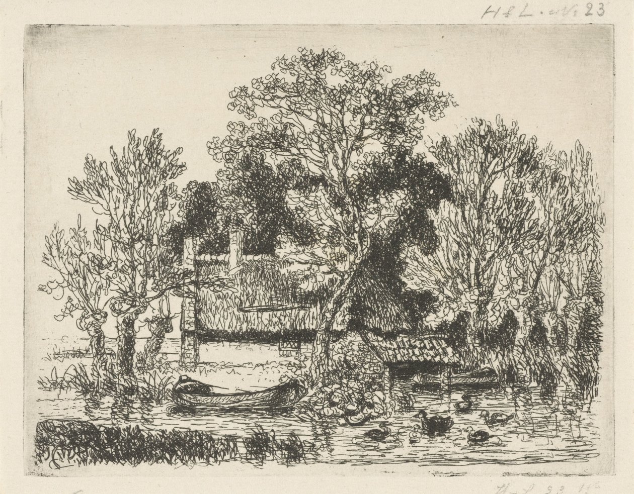 Flodutsikt med pråm och ankor av Hermanus Jan Hendrik van Rijkelijkhuysen