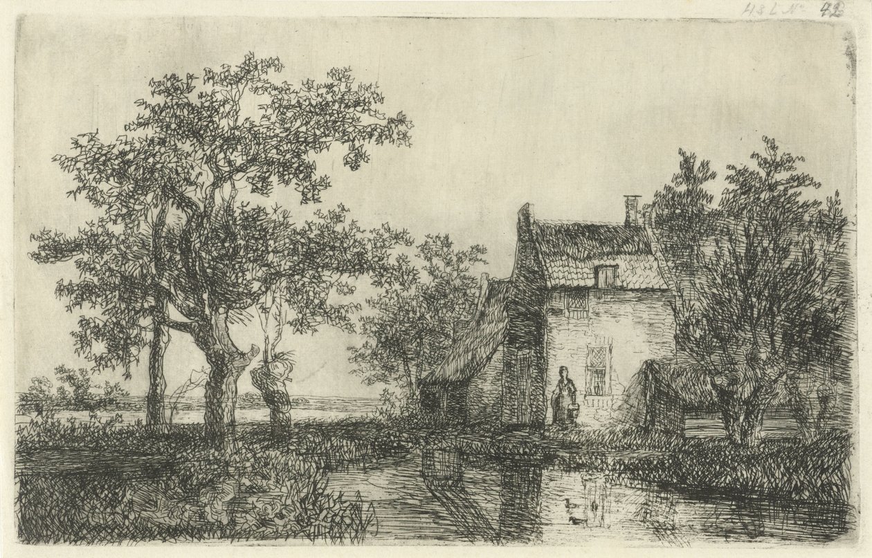 Kvinna med en korg framför en bondgård på vattnet av Hermanus Jan Hendrik van Rijkelijkhuysen