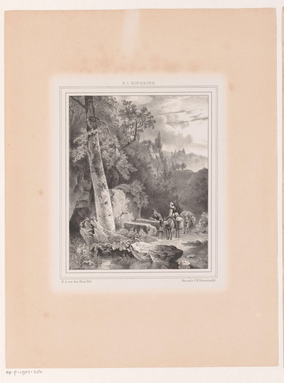 Landskap med en man, kvinna och två åsnor vid en brunn av Hermanus Johannes van den Hout