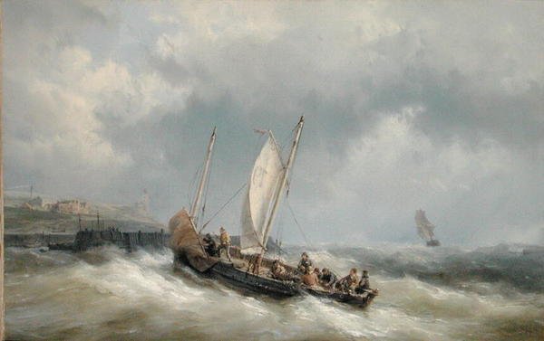 En Lugger kommer in i hamnen i en storm (olja på duk) av Hermanus Koekkoek
