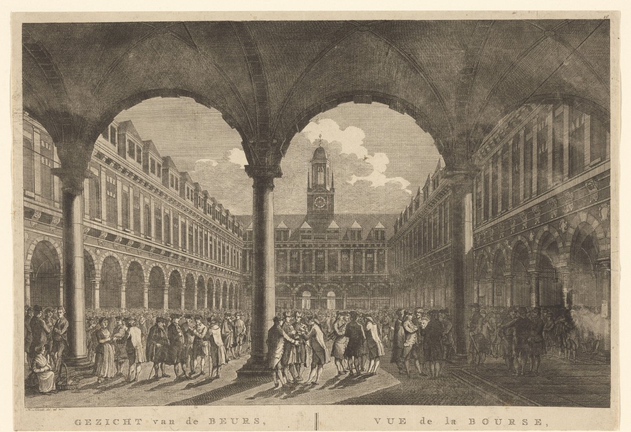 Utsikt över innergården till Beurs van Hendrick de Keyser Utsikt över börsen, i Amsterdam / Vue de la Bourse, à Amsterdam (titel på objekt) av Hermanus Petrus Schouten (possibly)