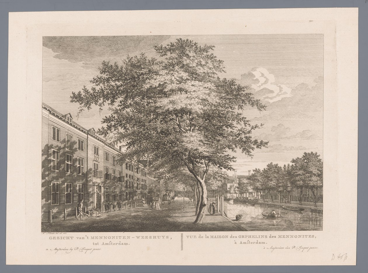 Utsikt över Mennonite Barnhem i Amsterdam Utsikt över Mennonite Orphanage, till Amsterdam / Vue de la Maison des Orphelins des Mennonites, à Amsterdam (titel på objekt) av Hermanus Petrus Schouten (possibly)
