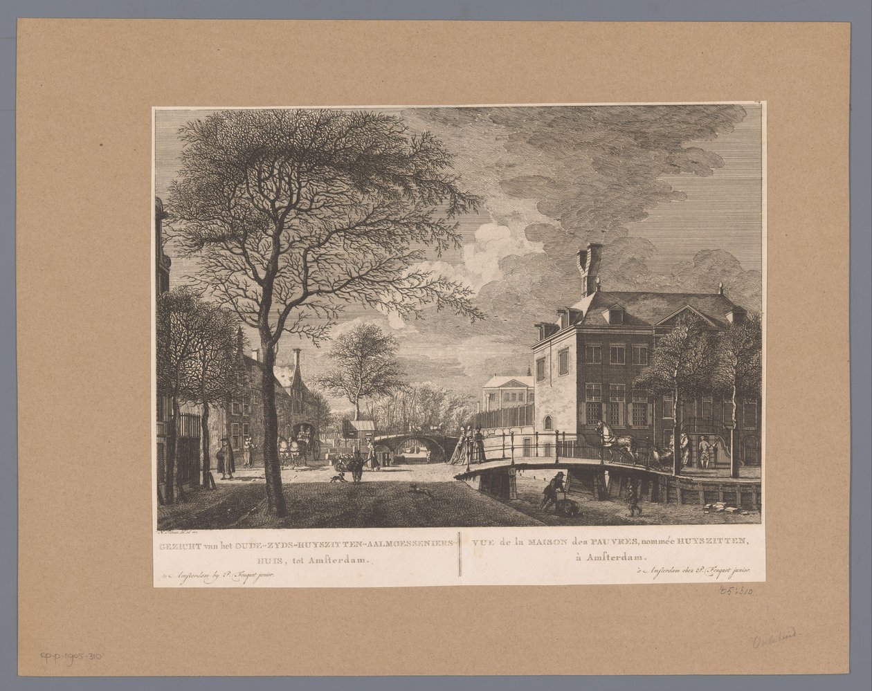 Utsikt över Oudezijds Huiszithuis i Amsterdam Utsikt över Oude-Zyds-Huysziten-Almoesseniershuis, till Amsterdam / Vue de la maison des pauvres, nommée Huyszit, à Amsterdam (titel på objekt) av Hermanus Petrus Schouten (possibly)