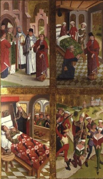 Scener ur St. Nicholas liv från den inre delen av den vänstra yttre flygeln på det före detta huvudaltaret i St. Nicholas kyrka av Hermen Rode