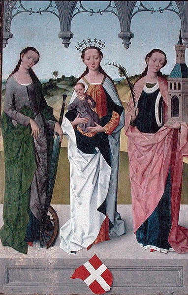 St. Catherine, the Virgin Mary och St. Barbara, från Högaltaret i St. Nicholas Church, 1481 (detalj) (se 197688-90, 197692) av Hermen Rode
