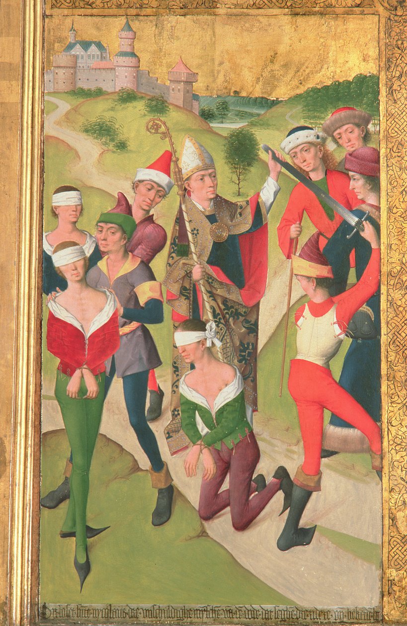 St. Nicholas räddar tre oskyldiga män från avrättning, från St. Nicholas Churchs Högaltar, 1481 (detalj) (se 197688-91) av Hermen Rode