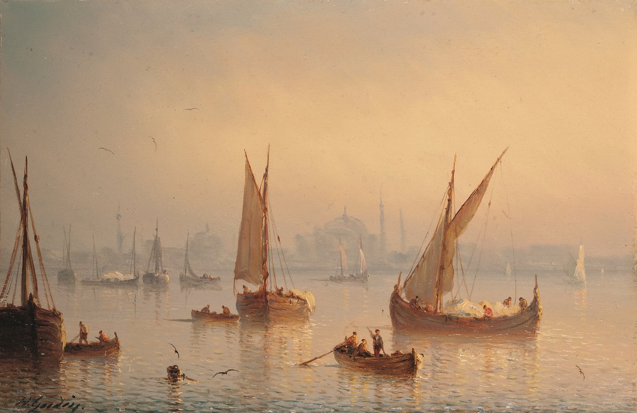 Fartyg på Bosporen, Hagia Sofia-moskén bortom (olja på panel) av Herminie or Henriette (fl.1849 53) Gudin