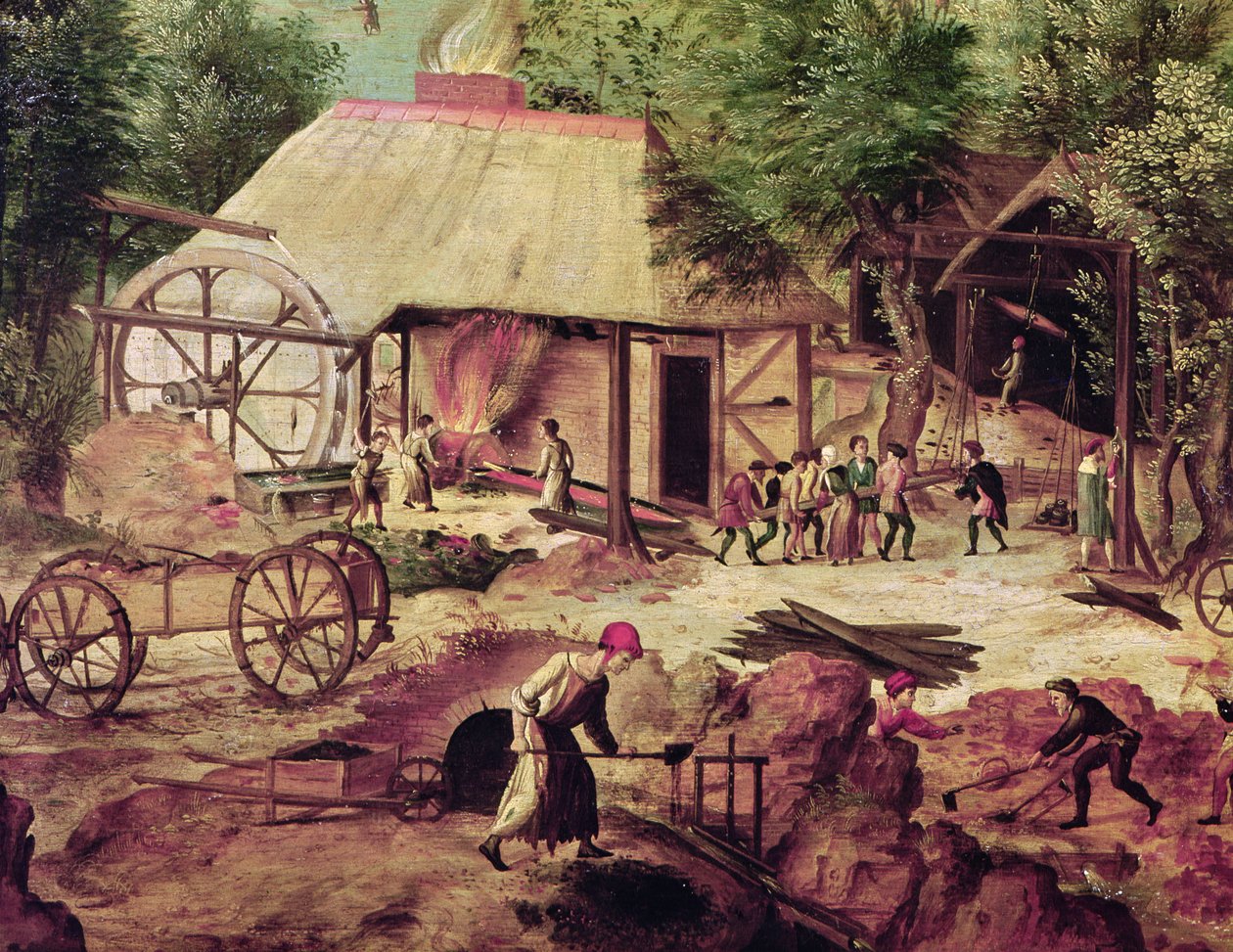 Landskap med smedja, detalj av gjuteriet (detalj av 316368) av Herri met de Bles