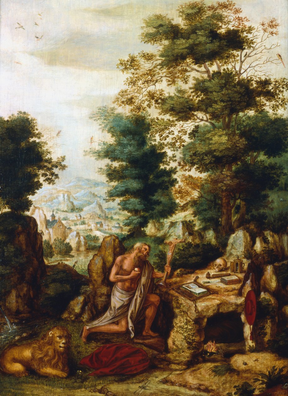 St Hieronymus i ett landskap, c1530-c1550 av Herri met de Bles