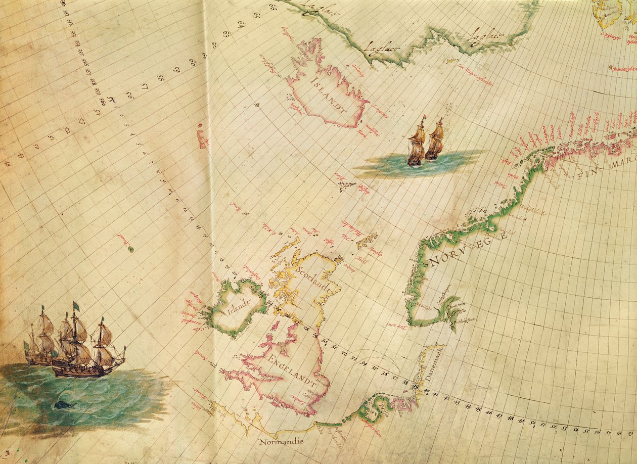 Ms. 1288 fol. 1 Polaruret, detalj av England, Irland och Norge, från en samling nederländska sjökartor gravyr av Hessel Gerritsz