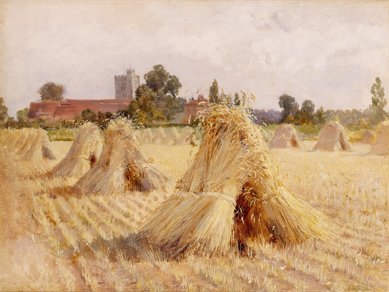 Corn Stooks av Bray Church, 1872 (olja på papper ombord) av Heywood Hardy