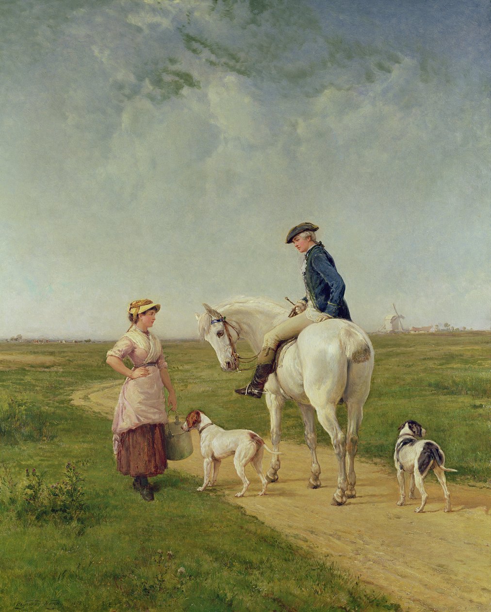 Milkmaid pratar med en Cavalier av Heywood Hardy